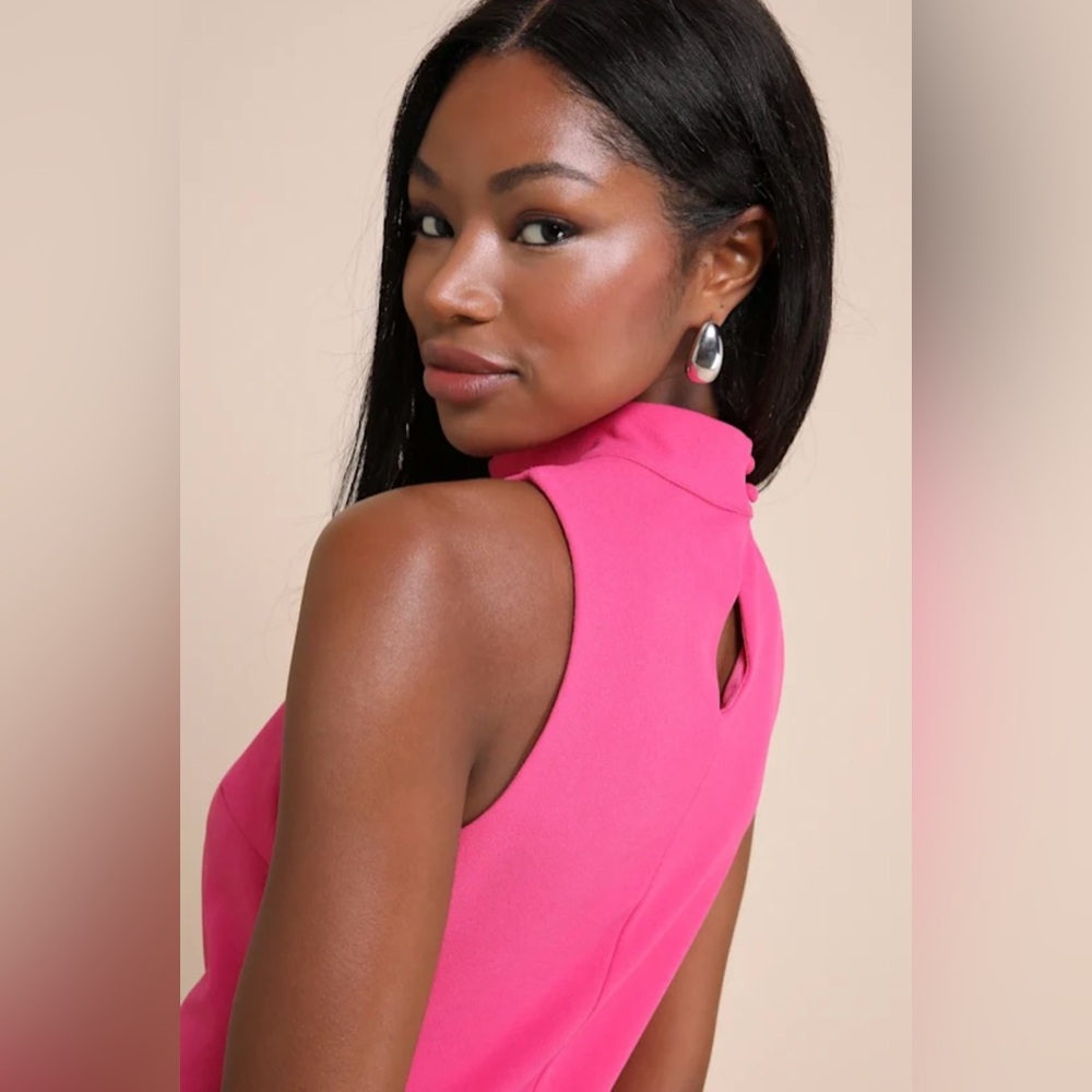 Lulu's Vibrant Hot Pink Mock Neck Mini Dress - Picture 4 of 5